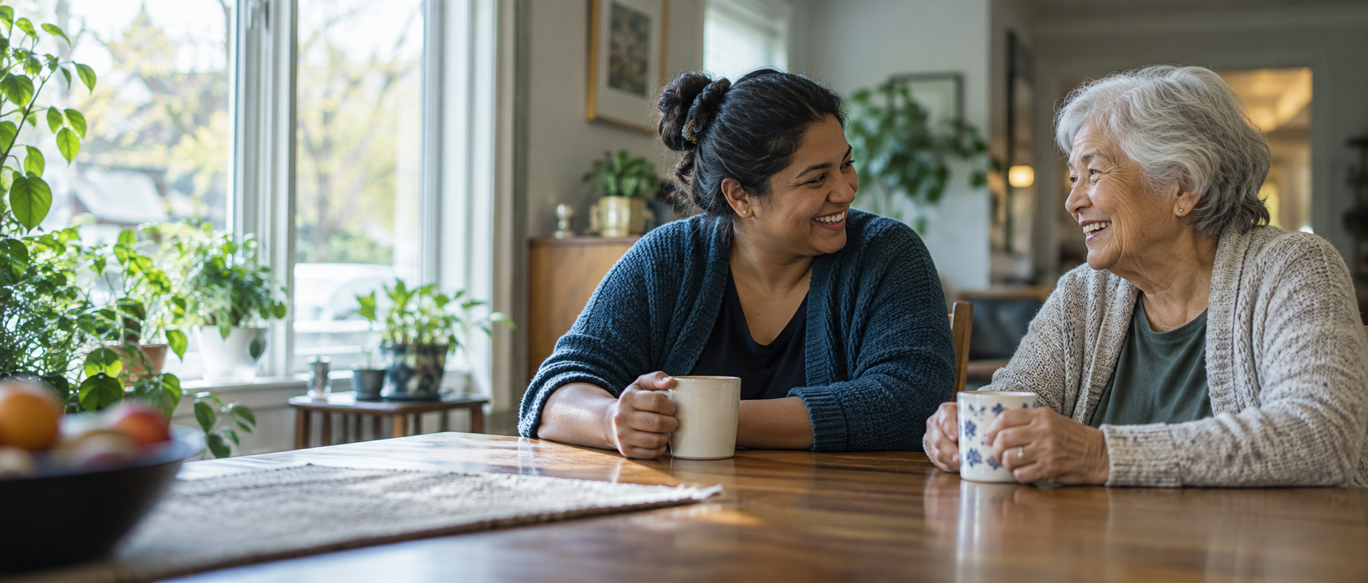 An older adult and a caregiver sharing a conversation at home